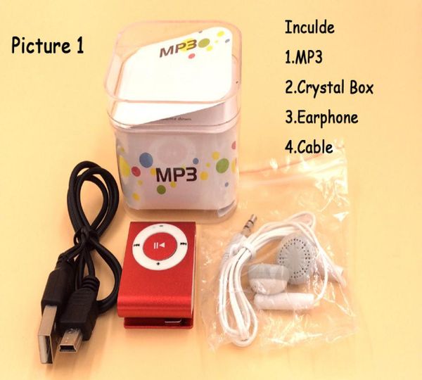 Todo o mini clipe mp3 player fábrica vem com caixa de cristal fones de ouvido cabo usb suporte tf cartão micor sd card8043587