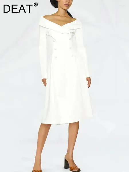 Lässige Kleider Mode Damenkleid Slash Neck Slim Zweireiher Langarm Weiß Hohe Taille Mittelkalb Frühling 2024 7AB3645