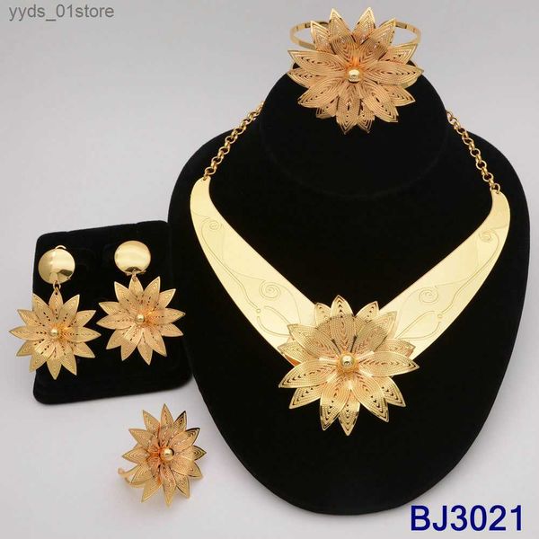 Brincos colar luxo dubai ouro conjunto de jóias adequado para mulheres grande flor pingente colar pulseira boêmio indiano noiva jóias l240323