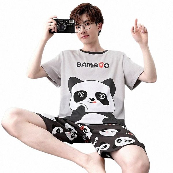 Yaz erkek pijama seti yetişkin pijama pamuk pijamaları ev kıyafeti karikatür panda kore gevşek kısa kollu pijamas eğlence salonu o50p#