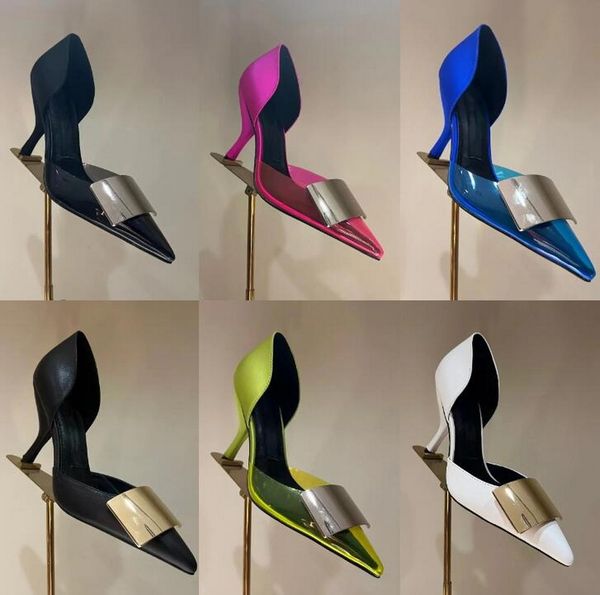 Novo designer bombas sandálias para mulheres dedo do pé apontado seda pvc folha de metal salto alto moda luxo versátil vestido sapatos festa à noite