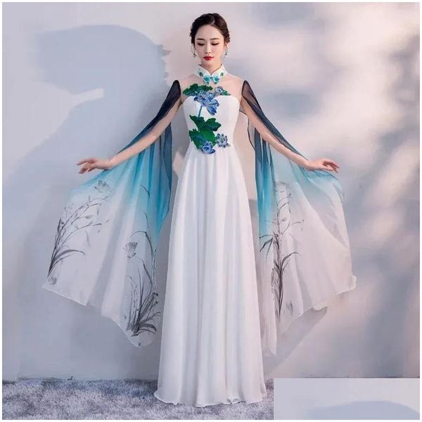Roupas étnicas Senhoras Impd Chinês Cheongsam Y Long Modelo Show Vestido Vestidos Moda Mulheres Cantata Desempenho Maxi Drop Delivery App Ot1C2