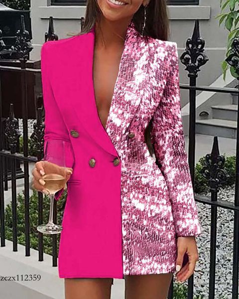 2024 Son Model Temel Günlük Elbiseler Kadın Ofis Elbisesi Colorblock Patchwork Uzun Kollu Blazer V Boyun Sapırları Çift Kelime 230818