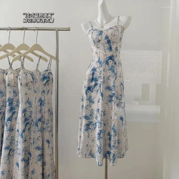 Vestidos casuais verão vestido sexy para mulheres 2024 francês azul pintura a óleo praia longa cinched cintura apertada deslizamento floral