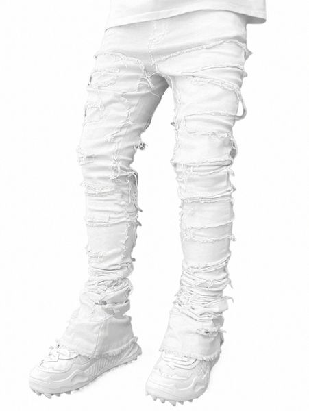 High Street White Men's Stacked Jeans Stretched Patchwork Tassel Danificado Denim Calças de comprimento total Hip-pop Calças para homens R67d #