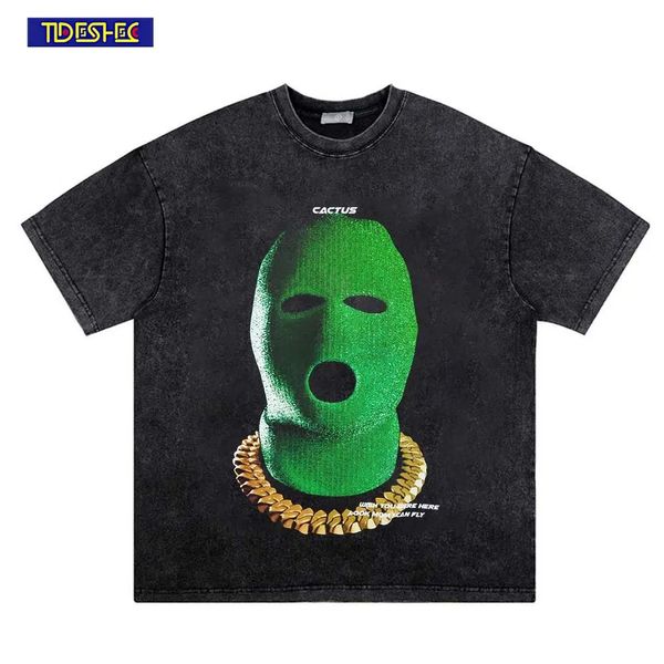 T-shirt oversize distressed da uomo streetwear hip hop vintage verde cappuccio gangster stampato maglietta da uomo harajuku cotone top 240325