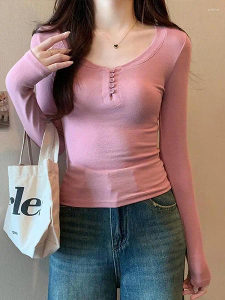 Damen T-Shirts 2024 Herbst Frauen Grau Knopf Langarm Hemd Koreanischer Stil Casual Vintage Rosa Slim O Neck Beige Pullover Tops Mode