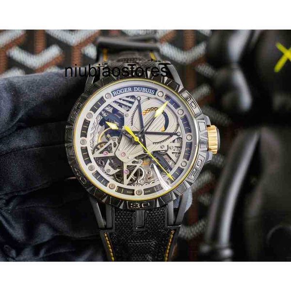 Relógios para homens Excalibur automático de luxo com corrente de movimento, pulseira de borracha de 46 mm com rodas voadoras duplas, tecnologia perfurada para alcançar 533T