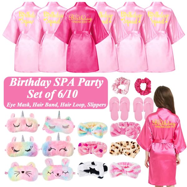 Masken Geburtstag Spa Party für Mädchen Satin Bademantel Kinder Kit Kimono Mädchen Pyjama Kleid Einhorn Tier Plüsch Schlaf Augenmaske Party Prinzessin