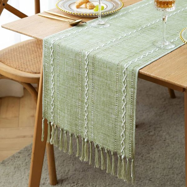 Cortinas verdes corredores de mesa boho rústico borlas fazenda trançado listrado algodão linho para jantar festa feriado decoração de mesa de casamento