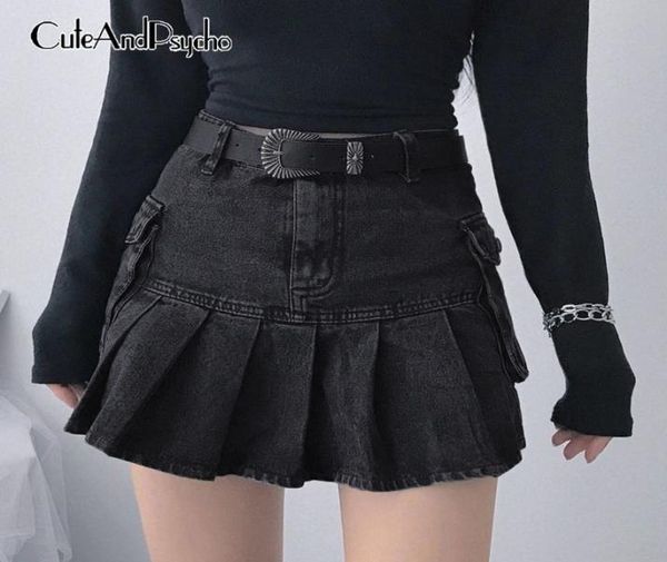 Saias dedo y2k jeans fechados mulheres academia escura moda goth preto alta cauda rok 90s bolsos coreanos bonito sapato6024636