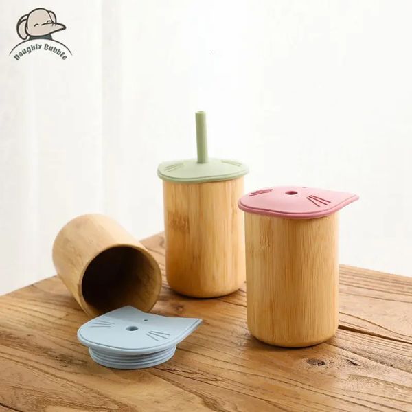 Bebê alimentação copo forma de gato bambu silicone sippy copos seguro à prova de vazamento crianças aprendendo beber copo crianças presentes de aniversário 240322