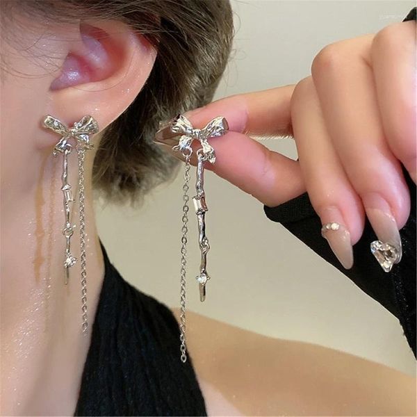 Brincos de metal bowknot longo borlas piercing simples elegante orelha studs temperamento jóias presente para mulher