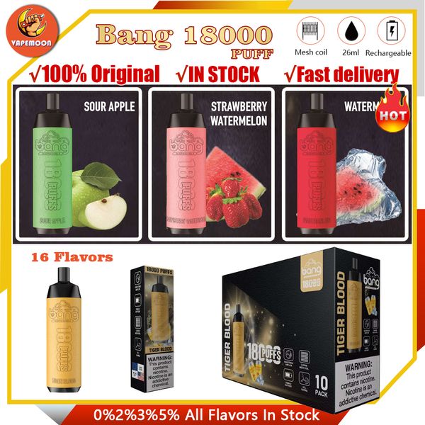 Оригинальный кожаный чехол Bang 18000 Puffs Одноразовые электронные сигареты 18000 Puffs 26 мл Сетчатая катушка для электронной жидкости Перезаряжаемая батарея 16 цветов Puff 18K Bang King Box Vaper 15k 12k