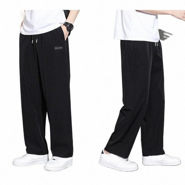 Männer Jogginghose Eis Seide Glatte Kordelzug Elastische Taille Gerade Breite Beine Taschen Männer Sommer Sport Hosen Jogging Hose Z5tL #