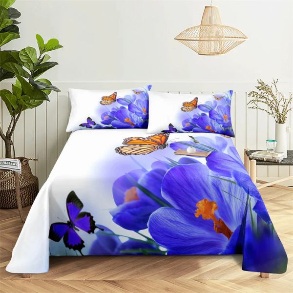 Set mavi kelebek çiçek kraliçe sayfa set kız, sevenler oda yatak set çarşı ve yastık kılıfları yatak düz tabaka tabakası seti