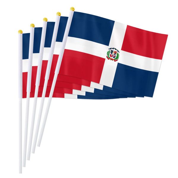 Acessórios PTEROSAUR 14 * 21 cm Bandeira de mão dominicana, República Dominicana portátil acenando bandeira pequena países do mundo decoração de mesa presentes, 50/100 peças