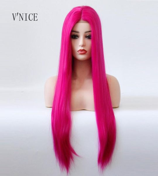 Parrucca parte centrale legata a mano rosa colore rosso capelli lisci resistenti al calore Cosplay Drag Queen Glueless parrucche anteriori in pizzo sintetico Y190717292430