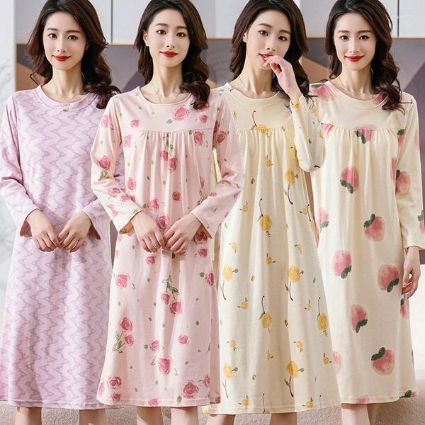 Pijamas femininos 2024 primavera plus size manga longa algodão camisola para mulheres bonito floral impressão noite vestido de noite