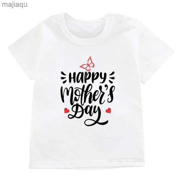 T-shirt Ragazzi T-shirt bianca Happy Mothers Day stampato T-shirt per bambini ragazza fiore cuore rosa T-shirt bambino maniche corte Festa della mamma abbigliamentoL2403