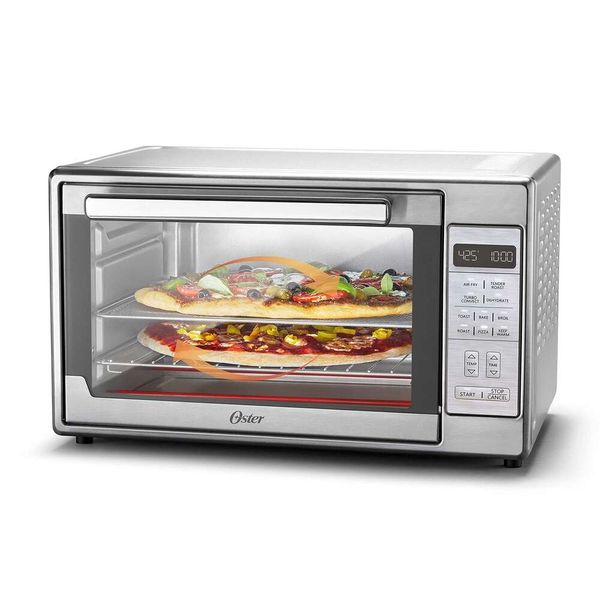 Oster Fritteuse, 10-in-1-Tisch-Toaster-Ofen-Luftfritteuse-Kombination, 10,5 x 13 Zoll, geeignet für 2 große Pizzen, Edelstahl, Silber