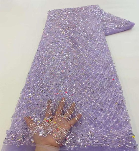 Lila Hochzeit Spitzenstoff 2022 Hochwertige Stickerei Französisch Tüllschnüre Nigeria Schnürsenkel Stoffe mit Pailletten und Perlen für Kleider9841852