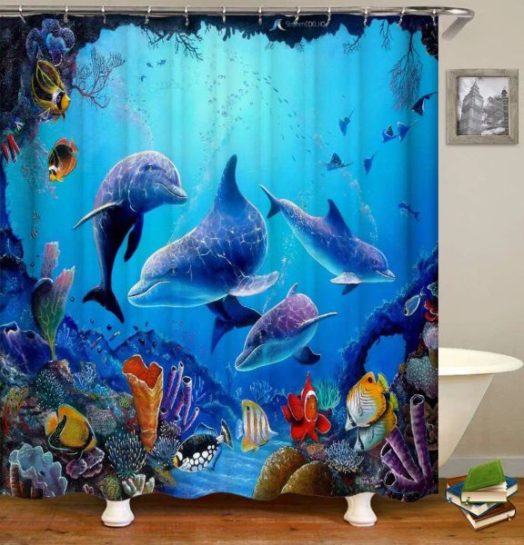 Tende Tenda da doccia con delfini, Mondo sottomarino blu Vita marina, Tessuto in poliestere Set di decorazioni per il bagno a tema oceano per bambini con 12 ganci