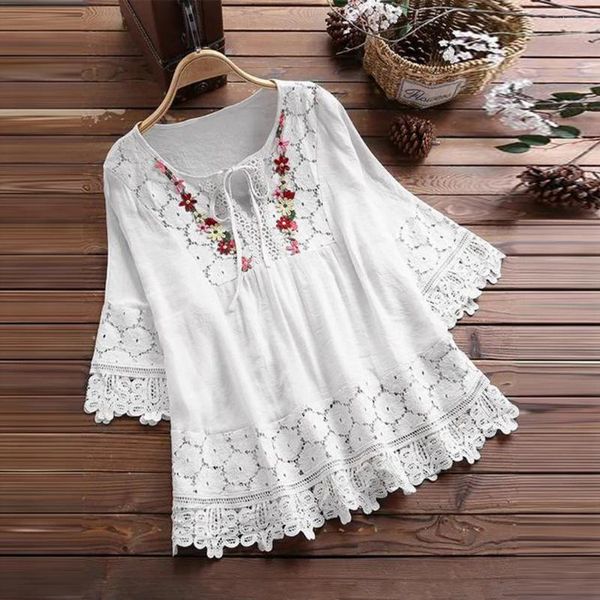 Blusas femininas blusa de algodão étnico mori menina roupas retro rendas retalhos flor plissado túnica sólida com decote em v camisas de manga 3/4