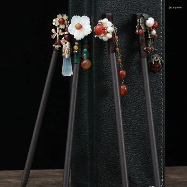Fermagli per capelli Retro Donna Ebano Nappa Stepping Stick Forcina Accessori fatti a mano in stile cinese Copricapo Hanfu Forchetta per fiori