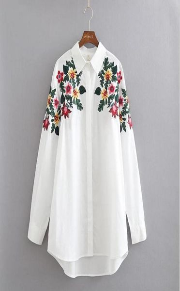 2017 novo design de moda bordado turn-down colarinho camisa casual manga longa vintage feminino flores topos workwear blusa de algodão branco7200570