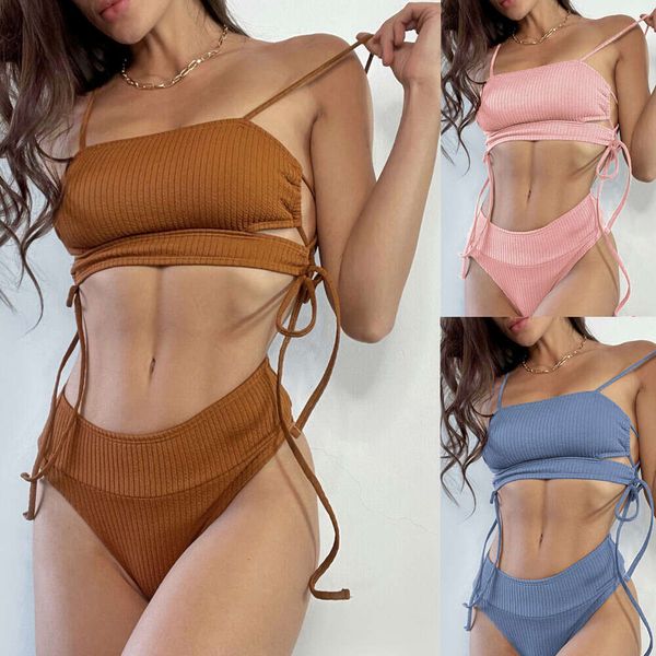 Novo estilo de biquíni pit strip tecido sexy bandagem cintura alta maiô feminino dz086