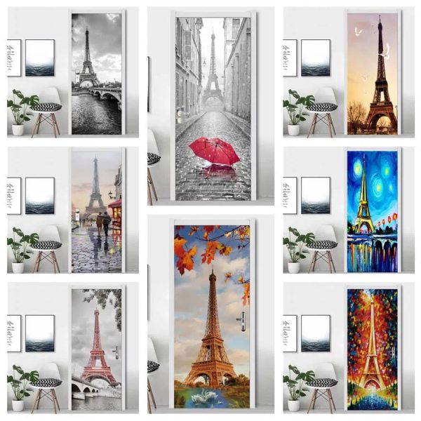 Adesivi Adesivo per porta Torre Eiffel Carta da parati 3D Porta autoadesiva Poster in vinile Dimensioni personalizzate Adesivo Home Design Arte murale per camera da letto