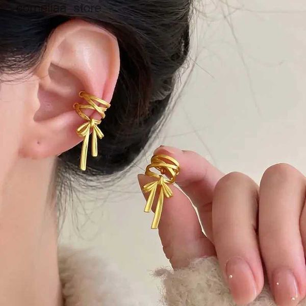 Ear Cuff Ear Cuff Novo Y2K Double-Layer Bow Ear Cuff Sem Piercing Brinco Punk Único Metal Tie Bow Ear Clip para Mulheres Meninas Moda Jóias Presentes Y240326