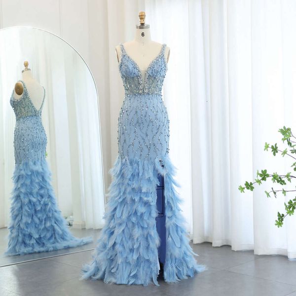 Detto piume blu sirena abiti da sera Sharon per le donne da sposa con scollo a V rosa spacco laterale lungo abito da ballo di fine anno Ss184