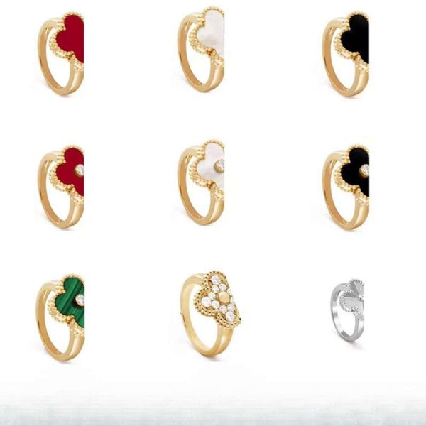 Anello di design da donna Anello con quadrifoglio in oro titanio 18 carati, anello con calcedonio rosso pieno di diamanti, agata nera alla moda Taglia 6/7/8/9