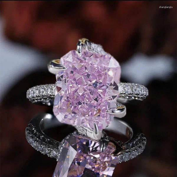 Кольца кластера из серебра 925 пробы, европейский и американский роскошный комплект, кольцо с большим бриллиантом 10 12, розовое высокоуглеродистое кольцо для женщин