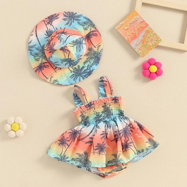 Комплекты одежды, очаровательный летний наряд для маленьких девочек, пляжный стиль, красный боди с принтом кокосовой пальмы и лямками, платье со шляпой для младенцев