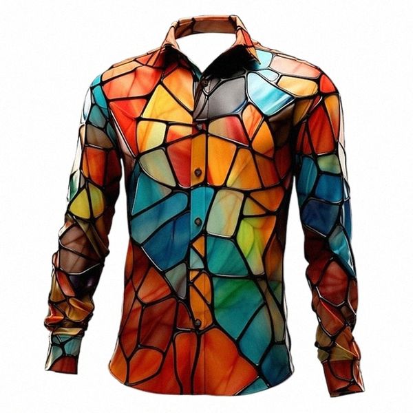 Unregelmäßige Farbblockdruck Herrenhemden Casual Einreiher Blusen LG-Hülsenhemd Streetwear Revers Tops Herrenbekleidung c8pT #