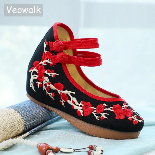 Veowalk sapatos femininos de lona estilo chinês, plataforma escondida, flor de ameixa, bordado, vintage, casual, tira no tornozelo 240307