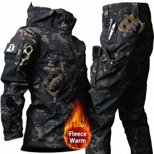 Camo Tactical Define Homens Militares Multi-bolso Jaquetas Com Capuz + Calças Carga Reta Do Exército 2 Pcs Ternos Inverno Fleece Quente Combate Set L8JT #