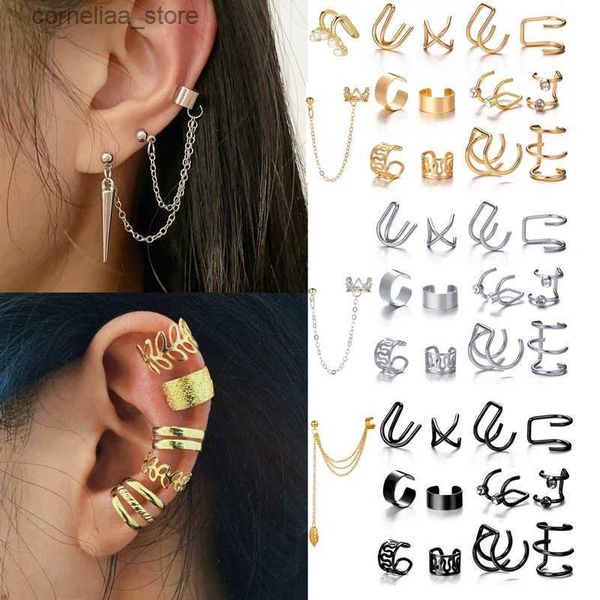 Ear Cuff Ear Cuff Brinco Conjunto Womens Cuff Falso Pircings Brincos Modernos 2022 Tendência Hip Hop Mens Long Clip Cartilagem em forma de Coração Brinco Decoração Y240326