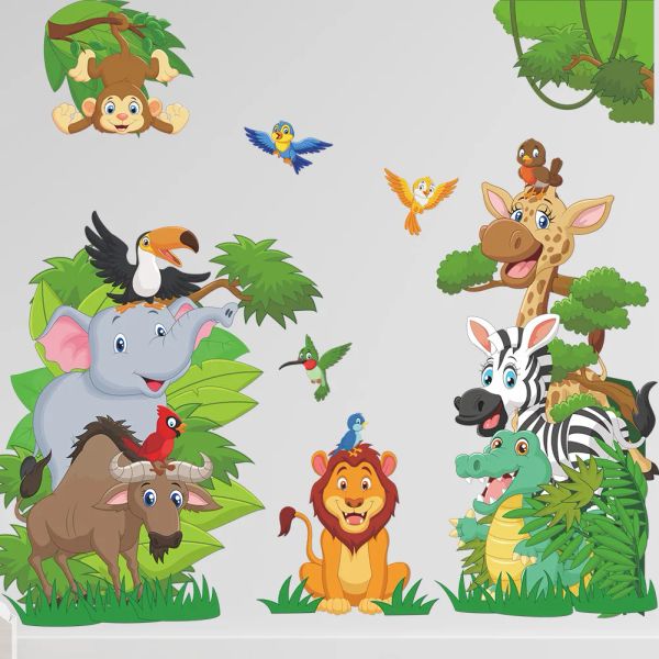 Adesivos de parede de animais da floresta, desenhos animados, para quartos de crianças, meninos, decoração de quarto de bebê, selva, elefante, leão, girafa, papel de parede para berçário