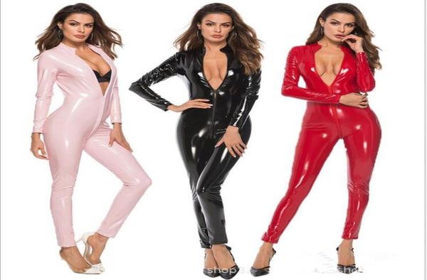 Sexy schwarze Katzenmomen Jumpsuit PVC Spandex Latex Catsuit Kostüme für Frauen Faux Fetisch Leder Bodysuits8862706