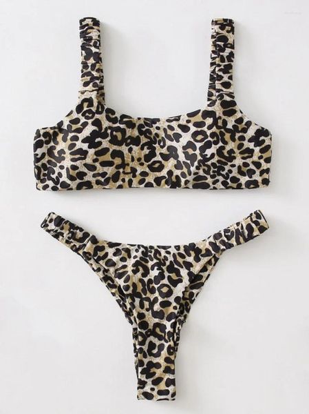 Mulheres Swimwear Leopardo Imprimir Bandeau Bikini 2024 Mulheres Tanga Sexy Push Up Swimsuit Banheira Conjunto Beachwear