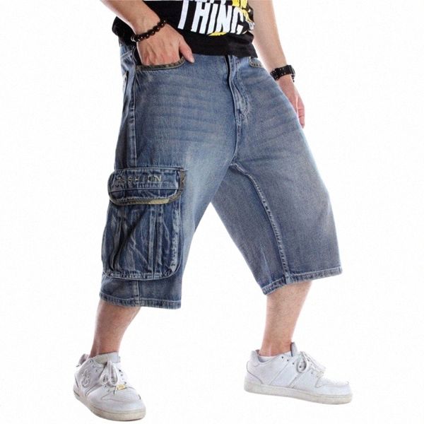 Summer's maschi's sciolte multi tasche cargo in denim hip hop largo gamba jeans skateboarding skateboarding shorts plus size 44 46 q4gu#