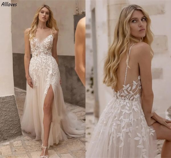 Elegante folha renda boho uma linha vestidos de casamento cintas de espaguete sexy coxa divisão sem costas vestidos de noiva romântico tule trem de varredura plus size mulheres noiva robe