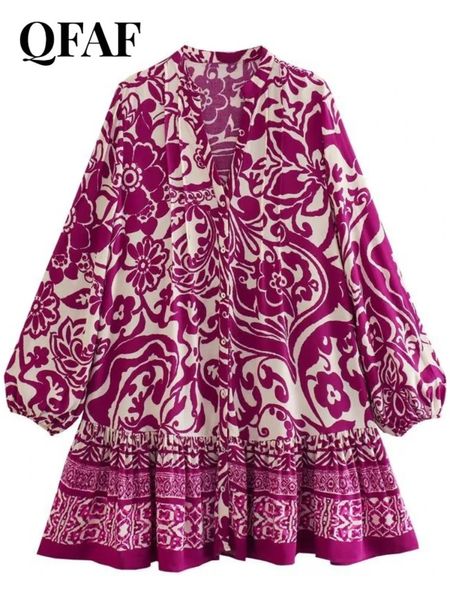 QFAF Frauen Mode Paisley Blumendruck Langarm Einreiher Große Schaukel Lose Kittel Babydoll Kleid Weibliche Kleider Vestidos 240312