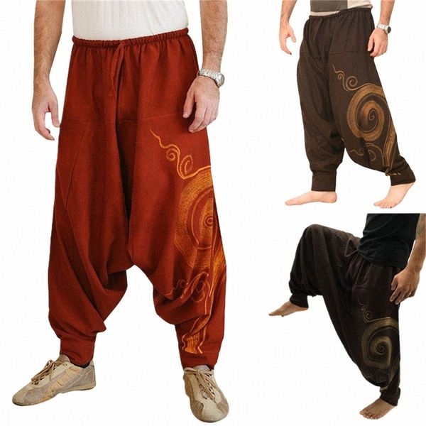 Calças masculinas vintage Harem Elastic Casual Baggy Yoga Harem Pants Hip-hop Men Gypsy Cott Linho Calças largas soltas com cordão 74gk #