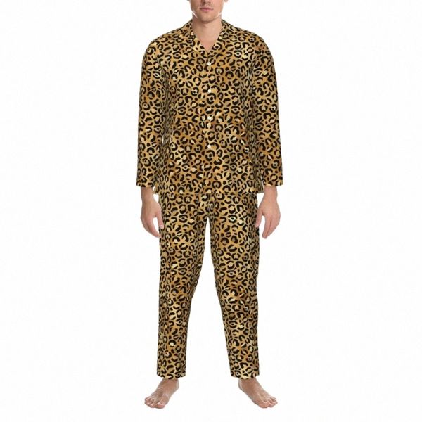 Set pigiama con stampa leopardo Trendy Black Gold Comodo pigiama unisex Manica Lg Camera casual 2 pezzi Abito da casa Plus Size R3du #