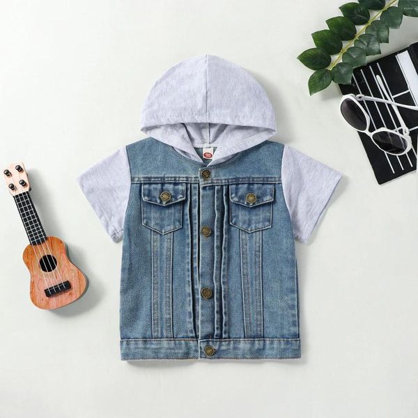 Jaquetas Criança Meninos Meninas Manga Curta Denim Patchwork Casaco Com Capuz Crianças Tops e Casacos Para